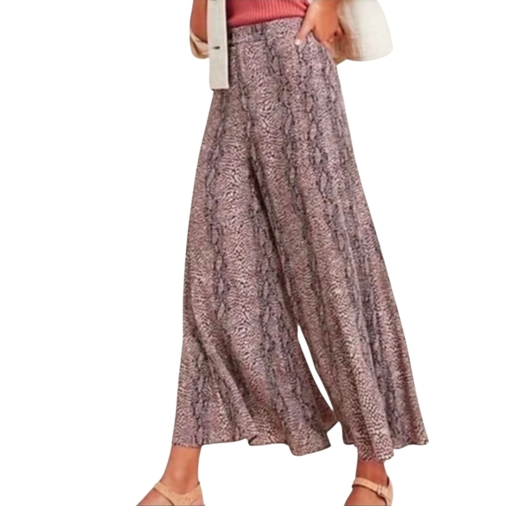 Anthropologie Brown & Cream Skirted Wide Leg Snake Print Pants - Size 4